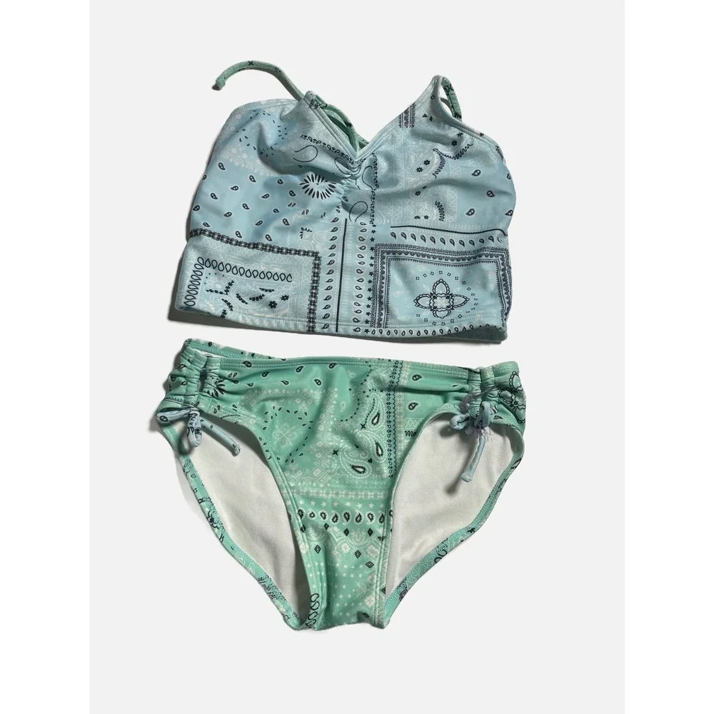 Art Class Bikini Swimsuit Kids L 10/12 Blue Green Bandana Paisley Two Piece Set